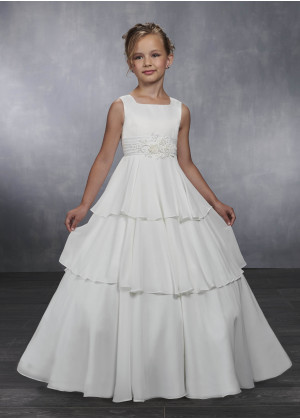 Square Neck Ivory Chiffon Tiered Skirt Pearl Floor Length Flower Girl Dress